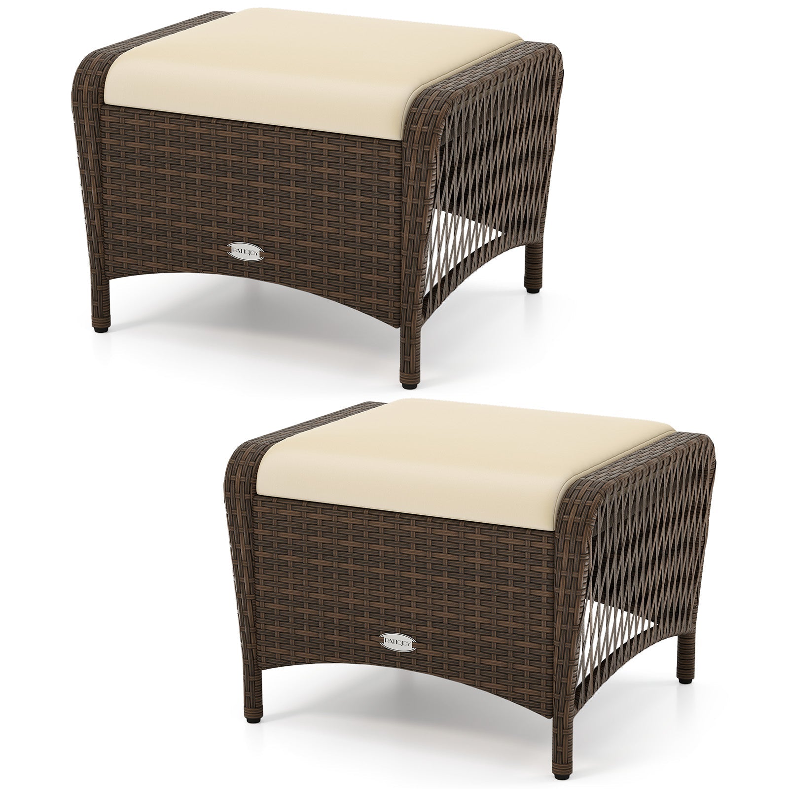 Set of 2 Outdoor Patio PE Wicker Ottomans with Removable Cushions