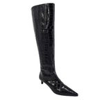 Black Tall Moc Croc Pointy Toe Kitten Heel Boot