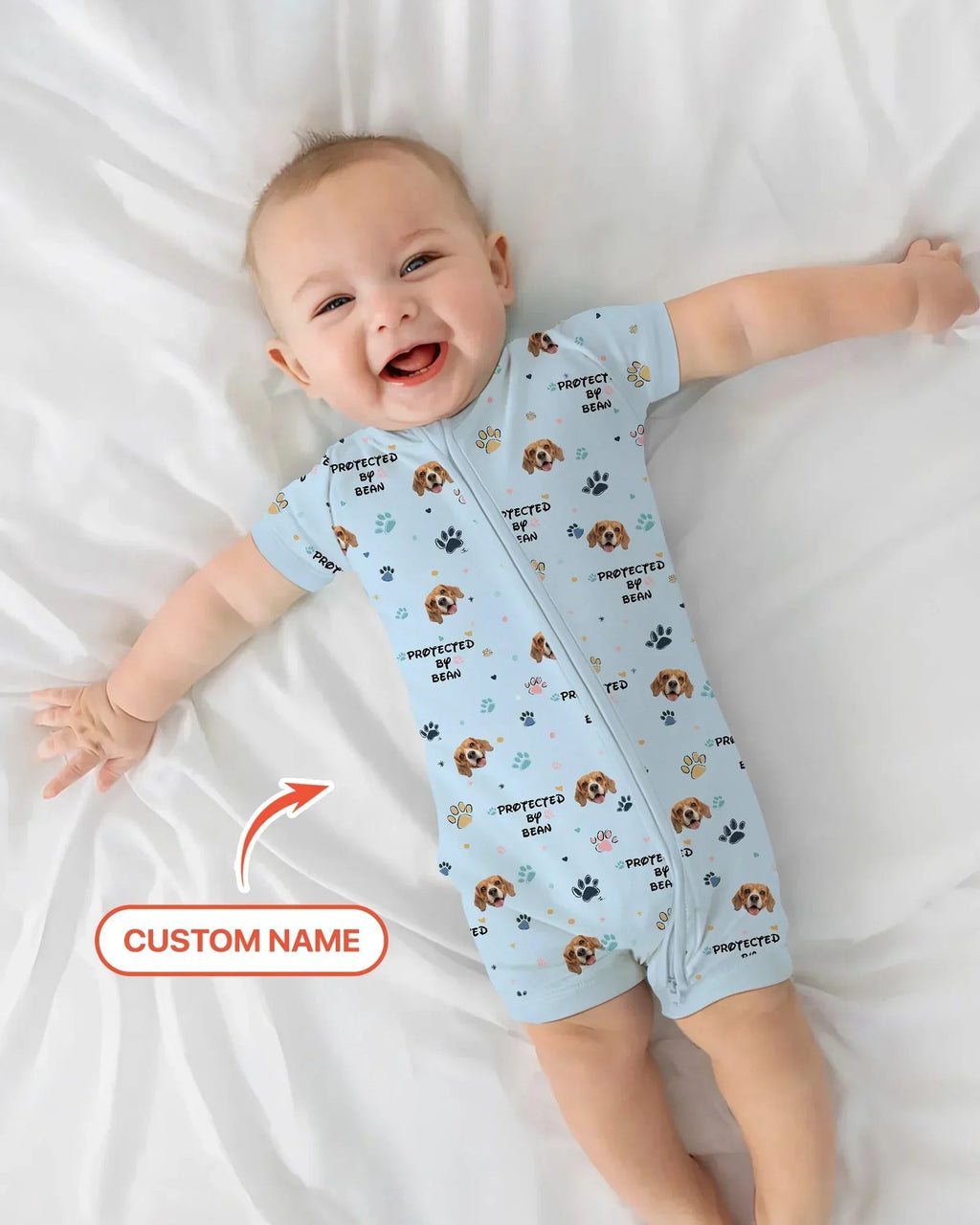 Custom Dog Photo Pattern "Protected By" Bamboo Shorty Zippered Romper