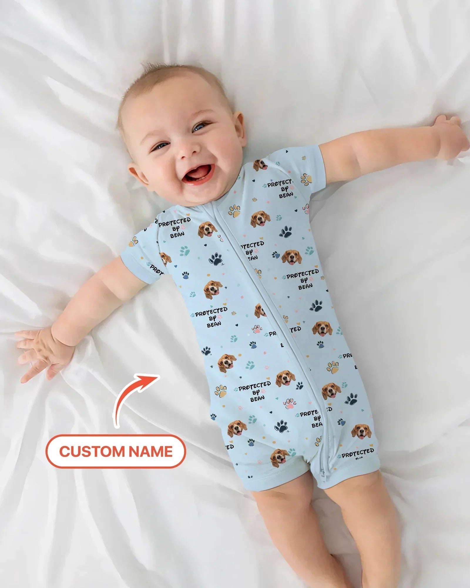 Custom Dog Photo Pattern "Protected By" Bamboo Shorty Zippered Romper