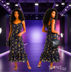 NEW  SPRING PRETTY DARK BLUE Floral PRINT SHOULDER STRAP Slim Dress FOR WOMEN