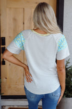 White Stripe Floral Insert Sleeves Contrast Round Neck Tee