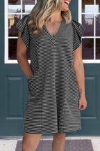 Blue Stripe Textured Knit V Neck Flutter Sleeve Shift Mini Dress