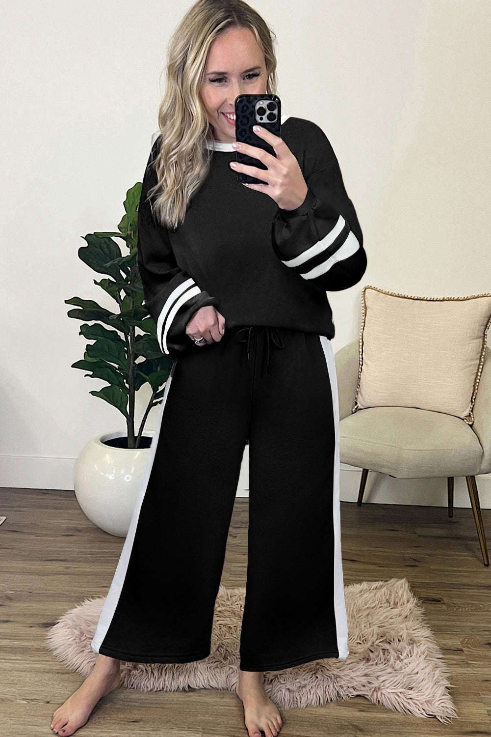 Mineral Red Varsity Stripe Patchwork Puff Sleeve Pullover Drawstring Wide Leg Pant Set