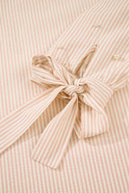 Pink Stripe Bow Knot Cuff Pearl Embellished Puff Sleeve V Neck Blouse