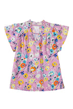 Pink Flutter Sleeve V Neck Floral Top