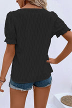 Beau Blue Solid Color Textured Notched Neck Puff Sleeve Blouse