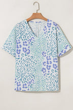 Leopard Print V Neck Short Sleeve Blouse