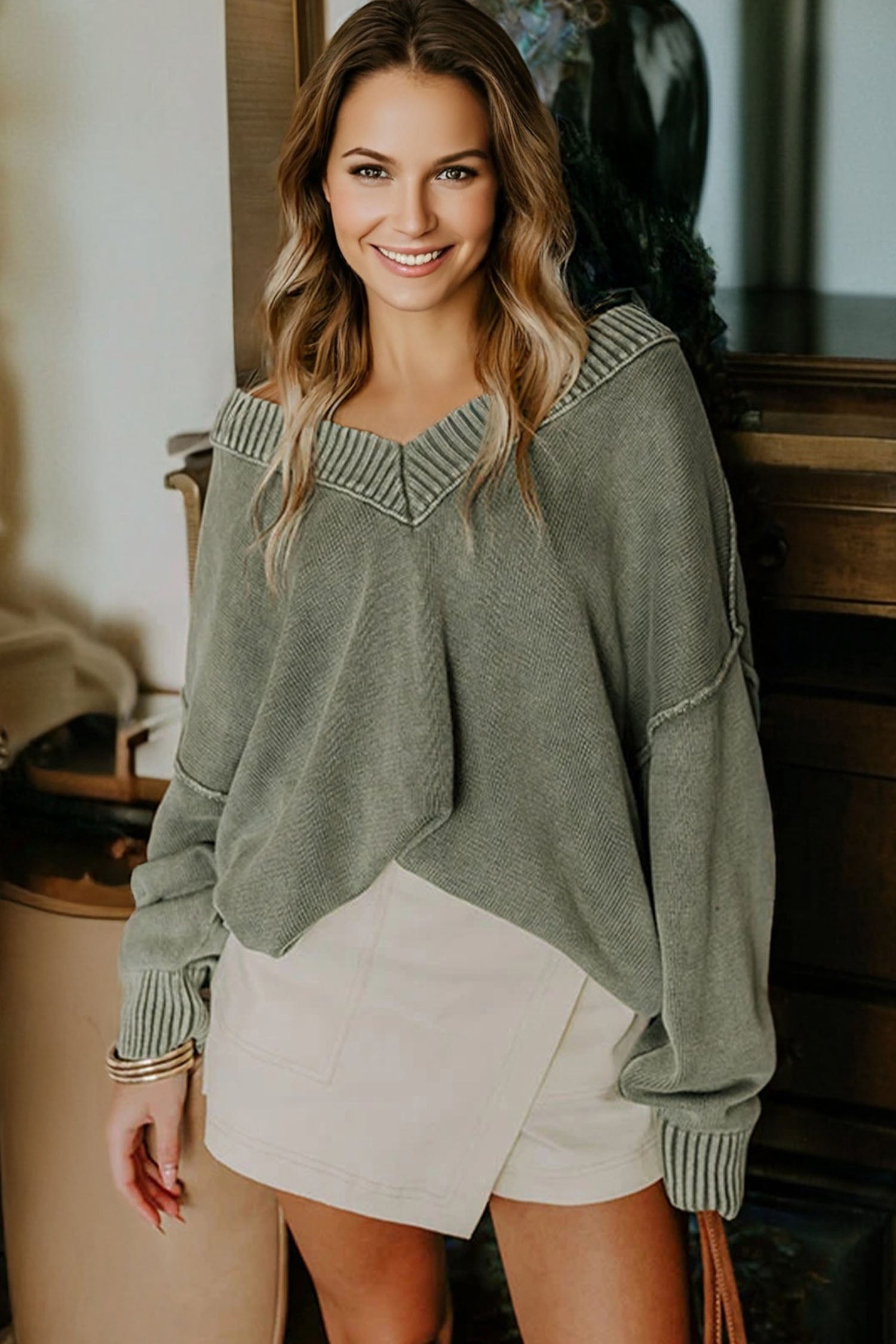 Black Mineral Wash V Neck Knit Exposed Seam Drop Shoulder Loose Sweater