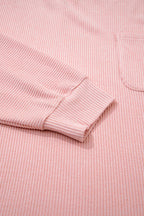 Bonbon Ribbed Exposed Seam Chest Pocket Plus Size Long Sleeve Top