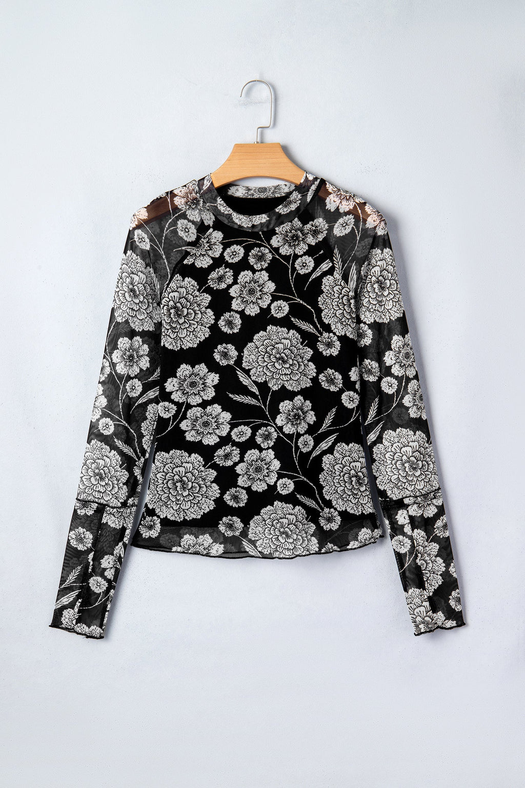 Brown Thumbhole Long Sleeve Floral Print Mesh Top