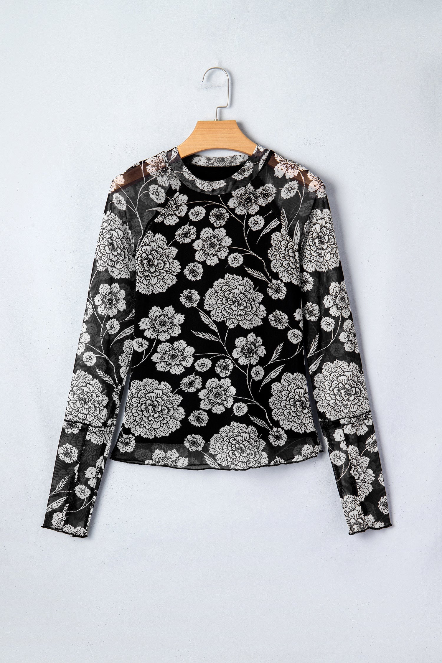 Brown Thumbhole Long Sleeve Floral Print Mesh Top