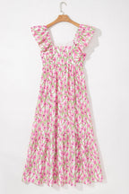 Blue Floral Print Square Neck Ruffled Strap Maxi Dress