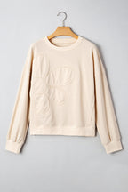 Smoke Green Raw Edge Flower Patch Drop Shoulder Casual Top