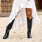 New IUV Womens 10 Black Faux Leather 2.25" Heel Knee High Cowboy Boots w Flaw