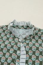 Green Contrast Striped Frilled Collar 3/4 Sleeve Plus Size Floral Dress