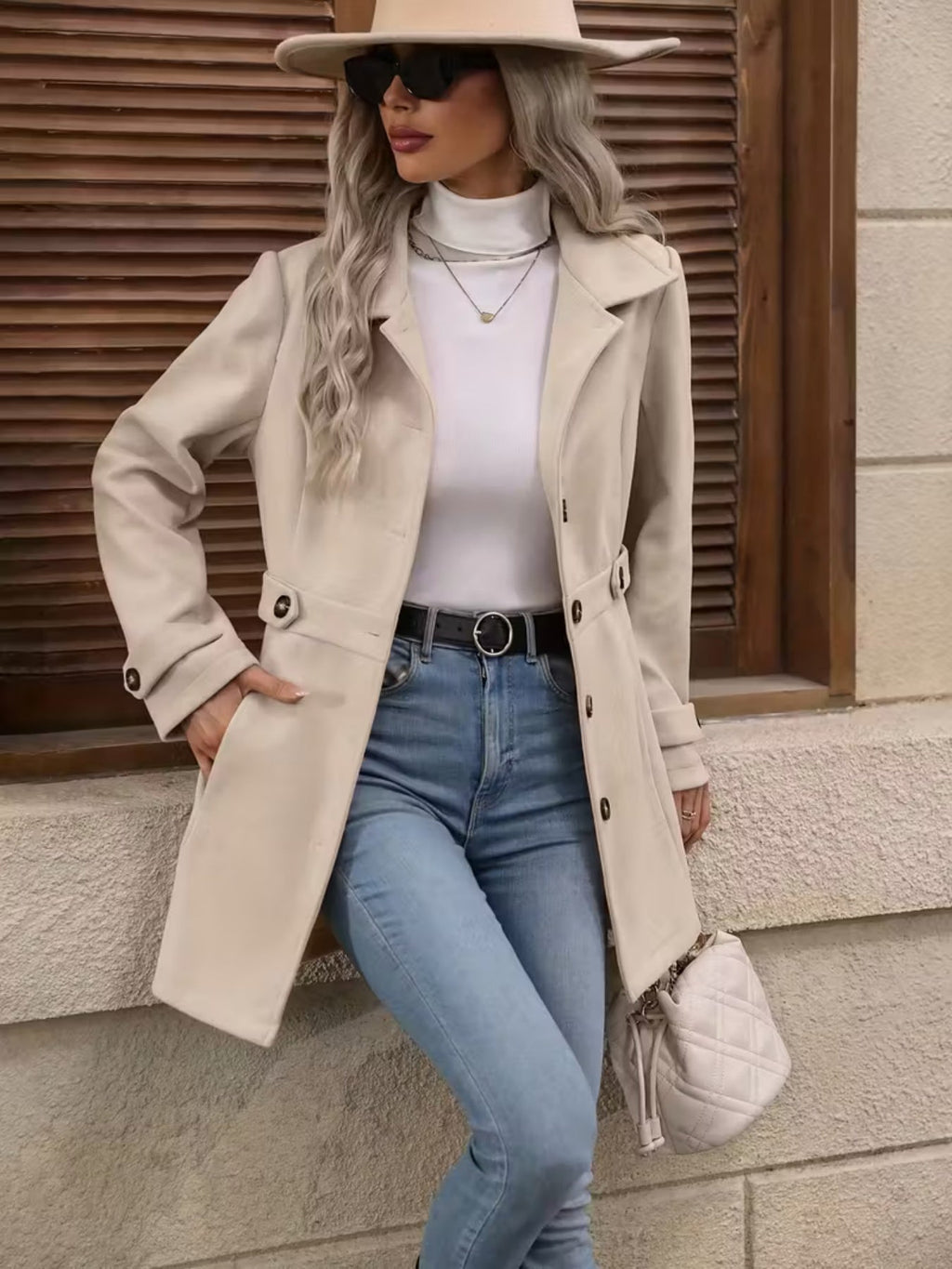 Women’s Elegant Woolen Coat – Medium-Length Lapel Slim Fit Winter Coat