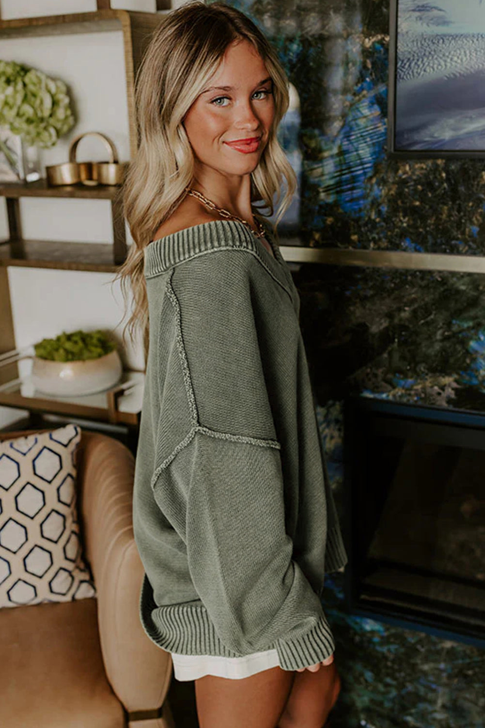 Black Mineral Wash V Neck Knit Exposed Seam Drop Shoulder Loose Sweater