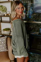 Four Leaf Clover Mineral Wash V Neck Knit Exposed Seam Drop Shoulder Loose Sweater