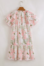 Pink Floral Contrast Edge Ruffle Sleeve Tie Neck Mini Dress