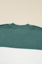 Green Color Block Plain Ribbed Knit Baggy Sweater