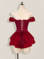 One-Shoulder Dress with a Fitted Waist And Back Tie, Features Puff Sleeves And a Stylish, Elegant Cake Skirt