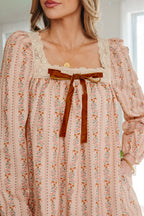 Khaki Floral Print Contrast Velvet Bow Lace Patchwork Long Sleeve Loose Mini Dress