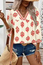 Green Damask Floral Print Contrast V Neck 3/4 Sleeve Blouse