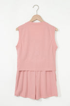 Gossamer Pink Ribbed Button V Neck Tank Top and Shorts Set