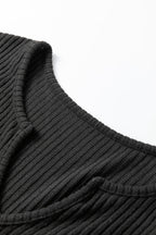 Black Ribbed Notched Neck Knit Long Sleeve Leggings Two Pieces Lounge Set