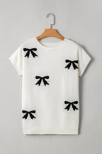 Black Bow Pattern Knit Short Sleeve Sweater