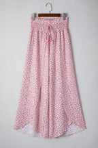 Pink Floral Shirred Side Slit Wide Leg Pants