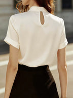 Keyhole Neck Satin Short Sleeve Blouse