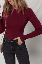 Red Dahlia Metal Ribbed Knit Long Sleeve Slim Fit Top
