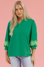 Green Contrast Floral Embroidered 3/4 Sleeve Notched V Neck Elegant Blouse
