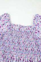Purple Floral Short Bubble Sleeve Smocked High Waist Maxi Dress
