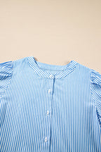 Sky Blue Stripe Bubble Sleeve Scallop Tiered Dress