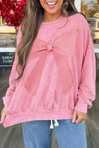 Orchid Bouquet Mineral Wash Waffle Bow Patched Pullover Sweatshirt