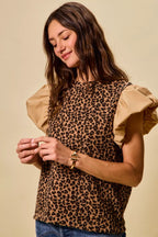 SO ME Leopard Pointelle Knit Top with Puff Sleeves