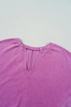 Bright Pink Solid Color Notched Neck Drop Shoulder Sweatshirt