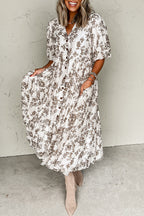 Khaki Floral Puff Sleeve V Neck Buttoned Front Maxi Dress