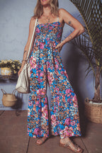 Pink Floral Smocked Bust Spaghetti Strap Wide Leg Jumpsuit