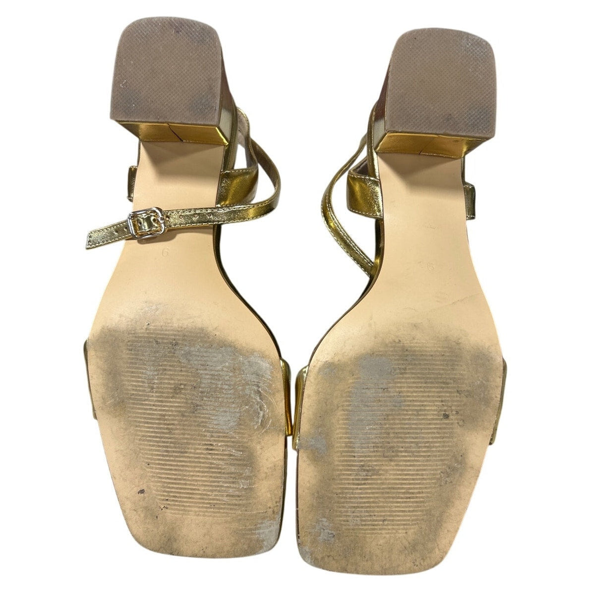 Teaieui Womens Size 9 Gold 2.25" Chunky Heel Open Square Toe Ankle Strap Shoes