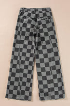 Dusk Blue Checkered Light Washed Wide Leg Jeans