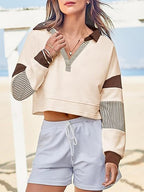 Color‑Block Cropped Polo V‑Neck Sweatshirt