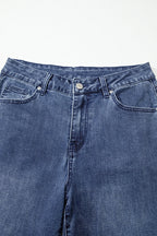Dirty blue Button Zip High Waist Flared Hem Jeans