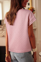 Light Pink Pearl Embellished Flower Textured T Shirt