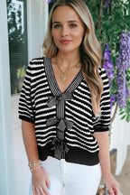 Green Stripe Short Sleeve Knit V Neck Bow Knot Sweater