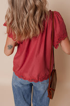 Red Dahlia Floral Embroidered Scallop Trim Short Sleeve V Neck Blouse