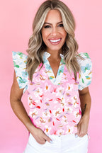Multicolour Floral Patchwork Frill Notched Neck Ruffle Blouse
